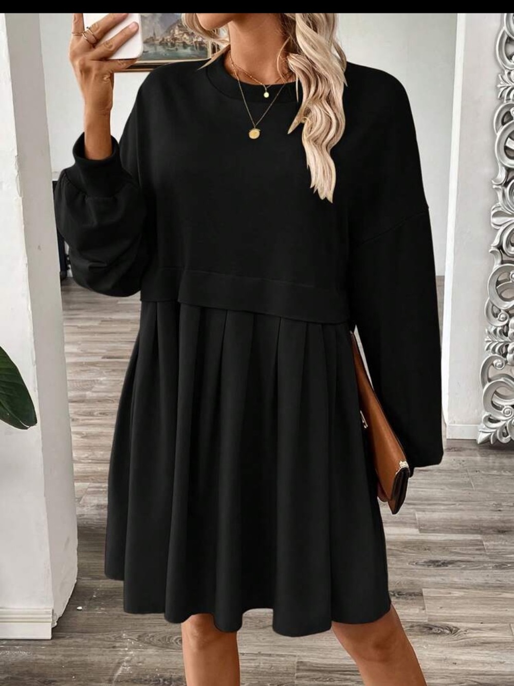 Calvaya Women Lantern Sleeve Pleated Long Sleeve Sweatshirt Dress, S 2XL BNWOT